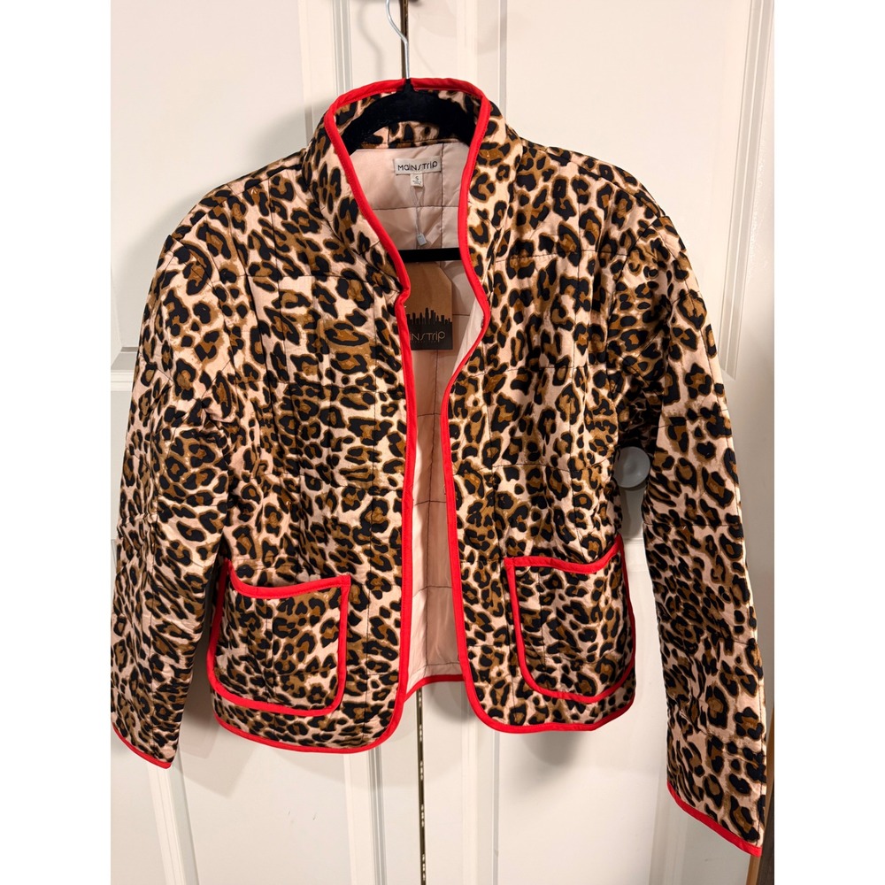 Mainstrip Women Leopard Print Quilted Jacket Red Trim Animal Print Size S NEW